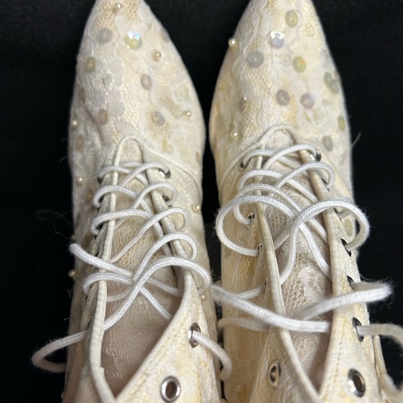 Vintage Aphrodite Heeled Bridal Boots with Lace custom hand beaded & sequined. - Picture 7 of 11